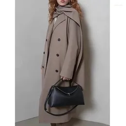 Casacos de trincheira femininos totem nicho cachecol estilo versátil estilo minimalista 2024 outono e inverno duplo breasted lã mistura casaco jaqueta feminina