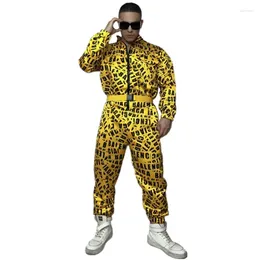 Stage Wear Letter Pattern Zipper Long Sleeve Jumpsuit Printed Overalls Men Hip Hop Jazz Dance Costume Singer Bar Nightclub Show