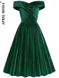 Party Dresses Arrivals Winter Green Off Shoulder Women Vintage Office Midi Dress Velvet Short Sleeve Sundress Club Evening