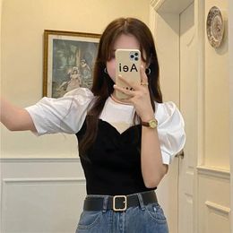 Women's T Shirts Woman T-shirts Tube Top Stitching Two-Piece Knitted Short-Sleeved T-shirt Summer 2024 Female Puff Sleeve Mujer Camisetas