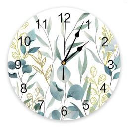 Wall Clocks Summer Plant Green Leaf Watercolor Lines Printed Clock Modern Silent Living Room Home Decor Hanging Watch