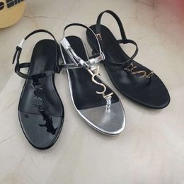 2024 New arrival designer Flat sandals metal strip Black Patent Leather Women Tribute Real Leather Letter Sandals metal buckle women shoes beach flip flops slides 77