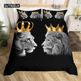 Bedding Sets Wild Lion Couple Black Duvet Cover King Size Gold And Queen Crown Comforter Tropical African Animal Set Decor