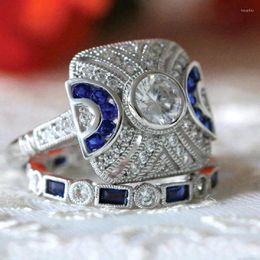 Cluster Rings Women's 925 Silver Inlaid Blue Topaz Ring Engagement Wedding Party Gift Jewellery