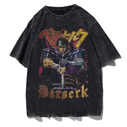 Men's T-Shirts Berserk T-Shirt Anime Vintage Washed Tshirt 100% Cotton Graphic Print Short Sleeve Retro Hip Hop Streetwear Men Women Tees Tops