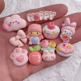 Decorative Figurines 10pcs Kawaii Pink Rabbit Cake Girl Resin Charm Flatback Cabochons Scrapbooking Embellishments Phone Cases Accessories