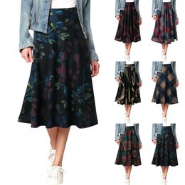 Skirts Women Fashion Autumn Winter Oversized Office Lady Print SKirt Pocket Elastic Waist Loose Long A Shaped
