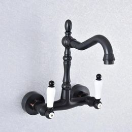 Bathroom Sink Faucets Black Brass Basin Swivel Spout Faucet Wall Mounted Dual Ceramic Handles Vessel Mixer Taps Nsf756