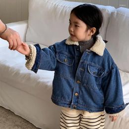 Jackets 2024 Winter Kids Solid Colour Thicken Waem Denim Jacket Boys And Girls Fur Lining Lapel Collar Coats