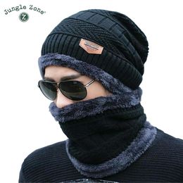 Black hat scarf two-piece cap Neck warm winter hat knitted Caps men Caps men's knitted cap Fleece Knit hats Skullies Beanies 288o