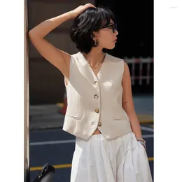 Women's Vests Vintage V-Neck Sleeveless Cotton Linen Vest Women Elegant Single Breasted Slim Tops