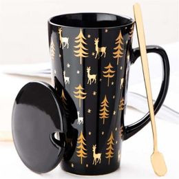 Creative Black White Mug Set Couple Cup with Lid Spoon Personality Milk Juice Coffee Tea Water Cups Easy Carry Travle Home Mug T202245