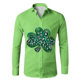 Men's Casual Shirts Green Long Sleeve Fashion Irish Dwarf Clover Print Top St Patrick'S Day Turndown Collar Button Tops