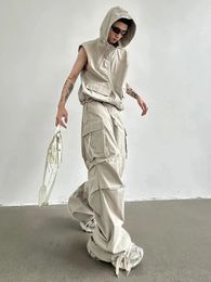 HOUZHOU Cargo Pants Sets Vest Hooded Summer 2 Piece Outfit Japanese Sleeveless Suit Male Korean Streetwear Hip Hop Plus Size 5XL 240122