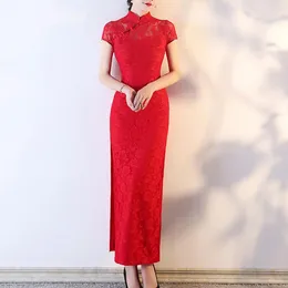 Ethnic Clothing Semi-stand-up Collar Cheongsam Elegant Vintage Chinese Lace Maxi Dress With Stand Side Split Women's Classic For