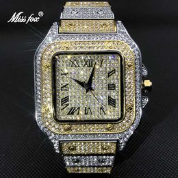 Other Watches MISSFOX Platinum Mens Watch Top Luxury All Diamond Square Quartz Mens Watch Hip Hop Ice Out Waterproof Watch Gift 2021 J240131