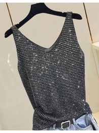 Women's Tanks Fitshinling Fashion In Summer Tops Spark Slim Sexy Sleeveless Vest V Neck Solid Tank Top Female 2024 Casual Women Sale