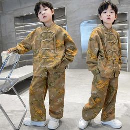 Ethnic Clothing Vintage Button Down Hanfu Set Chinese Style Tang Clothes Costume Boys Girls Kong Fu Suit 2Piece Outfit Casual Shirt&pants