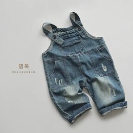 Korean 2024 Spring Children Boy Strappy Pant Cotton Gradient Toddler Trouser Solid Loose Versaitile Young Kid Jeans 240124