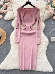 Basic Casual Dresses Womens retro fashion elegant bow hollow long sleeved body dress sexy fashion knitted ultrathin buttocks wrapped sweater vest autumn new J24013