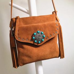 Waist Bags TEELYNN Luxury Genuine Leather Suede Shoulder For Women Floral Small Bohemian Pouch Chic Fringe Side Sling Crossbody Bag
