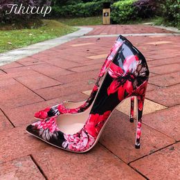 Dress Shoes Tikicup Women Gloossy Floral Printed Pointed Toe High Heels 8cm 10cm 12cm Ladies Party Dress Shoes Sexy Patent Stiletto Pumps