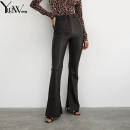 Women's Pants Yuerwang Women Leather Pant 2024 Autumn High Waist Slim Fit Split Trousers All Match Fashion Sexy Long Black