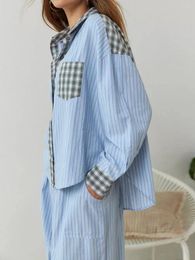 Women's Two Piece Pants Women 2 Lounge Set Y2K Loose Turn-Down Collar Long Sleeve Plaid Shirt Wide Leg Loungewear