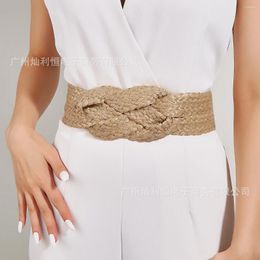 Belts Europe Style Elastic Wide Belt Women's All-match Hand-woven Dress Camel Color Girdle Linen Woven PP Straw Beach