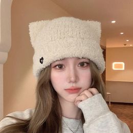 Japanese Y2k Sweet and Cute Cat Ear Beanies for Women Autumn and Winter Warm Ear Protection Love Embroidered Plush Knitted Hat 240131