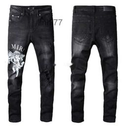 Mens Jeans Clothing Designer Amires Denim Pants 817 Black Amies High Street Letter Angel Pattern Casual Micro Elastic Cotton Youth Tight for Men DistresP