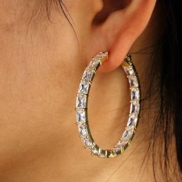 Earrings 45mm Bling Princess Cut Stones Baguette Hoop Earrings Big HoopEarrings Gold Plated Baguette Rhinestone Zirconia Charm Earrings