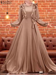 Ethnic Clothing Elegant Women Muslim Maxi Dress ZANZEA Fashion V Neck Long Sleeve Satin Sundress Eid Mubarek Ramadan Turkey Abaya Vestidos