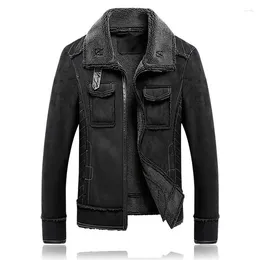 Men's Jackets M-5XL Men Suede Leather Jacket Turn-down Collar Coat Winter Warm Outwear Pockets Black Plus Size Clothing