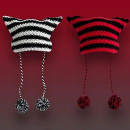Y2K Cute Devil Knitted Beanie Hat Ins Skullies Striped Knitting Wool Cap Autumn Winter Cat Ears Pointed Pullover Women Hats 240131