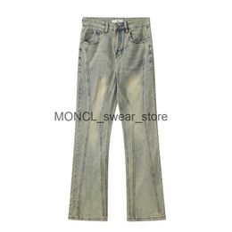 Men's Jeans Yellow Washed Striped Spliced Jeans Flare Pants Male and Female Straight Loose Casual Cargos Y2K Hip Hop Baggy Denim TrousersH24131