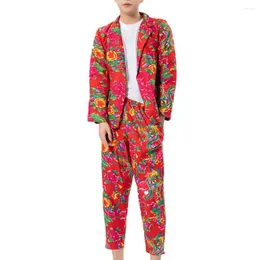 Men's Suits Men Floral Coat Suit Print Northeast Style With Lapel Cardigan Pockets Formal Jacket Trousers Set For Unisex