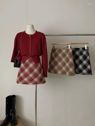 Skirts American Retro Plaid Skirt High Waist Slim Fit Office Lady Y2K Streetwear Classical A-Line 2000s Aesthetic Autumn Winter