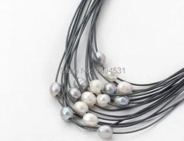 Necklaces Pearl Necklace MultiStrand 1112mm White Grey Multicolor Freshwater Pearl Leather Necklace Magnet Clasp Women Jewellery