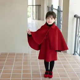 Girl Dresses 1-12 Year Kids Clothes Fashion Princess Red Wool Cloak Dress 2pcs Set Winter Autumn Children Baby Collar Cape Bow