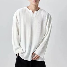 Trendy Mens Minimalist and Versatile V-neck Pit Stripe Long Sleeved Elastic Solid Casual Loose Oversized T-shirt 240131