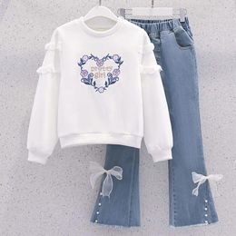 Clothing Sets Girls' Spring And Autumn Wear Sweater Jeans Two Piece Set 2024 Medium Big Kids Fashion Net Red Fashionable Leisure