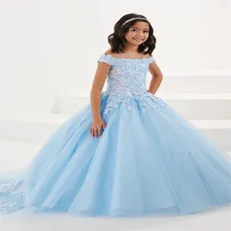 Girl Dresses Flower For Wedding Blue Applique Lace Tulle Sequin Puffy Sleeveless Elegant Kids Birthday First Communion Ball Gown