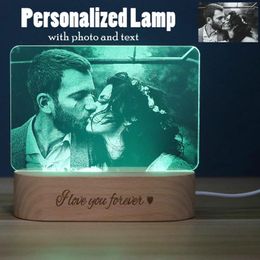 Night Lights Drop Po&Text Customised 3D Light Desk Lamp Wooden Base Personalised Gift USB Power Bedroom Home Decor