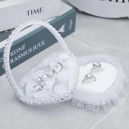 Decorative Figurines Wedding Ring Basket Flower Decor Rhinestone Solid Color Heart Shape Mesh Hold Lace Fabric Bow-knot Holder