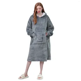 Women's Sleepwear 2024 In Autumn Winter Thick Warm Flannel Homewear Cute Girl's Large Size Pullover Hooded Stripes Loose Baggown