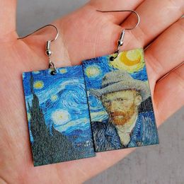 Dangle Earrings Wooden Statement Geometric Asymmetrical Artist Van Gogh Oil Painting Jewellery Night Starry Sky Sunflower Art