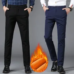 Men's Pants 2024 Autumn Winter Warm Business Casual Suit For Men Plus Velvet Four-Way Elastic High-End Trousers Dark Blue Black