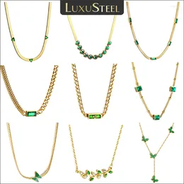 Pendant Necklaces LUXUSTEEL Vintage Green Zircon Stone Snake Cuban Link Chain Necklace For Women Gold Color Stainless Steel Geometric Charm