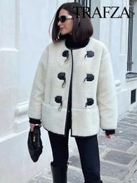 Women's Jackets TRAFZA Women Fashion Solid Lamb Wool Horn Button Coat O Neck Single Breasted Jacket Top 2024 Winter Woman Elegant